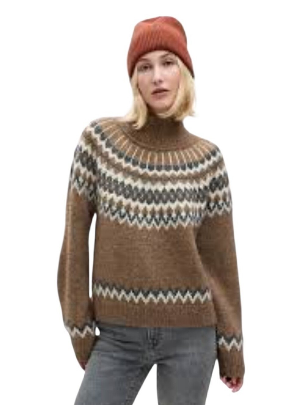 Gap wool alpaca Fair Isle Mockneck Sweater Nordic Knit relaxed soft Brown cabinc